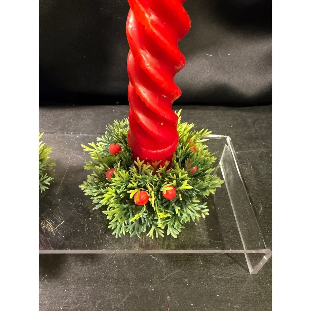 Vintage Red Spiral Taper Candles with Faux Greenery Berry Wreath Rings Set of 2